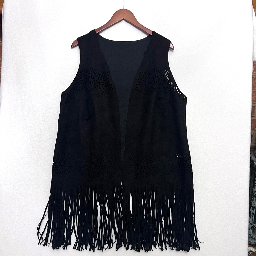 Fringe Western Black Faux Suede Women's Vest Boho Festival Cut Out Eyelet 2XL